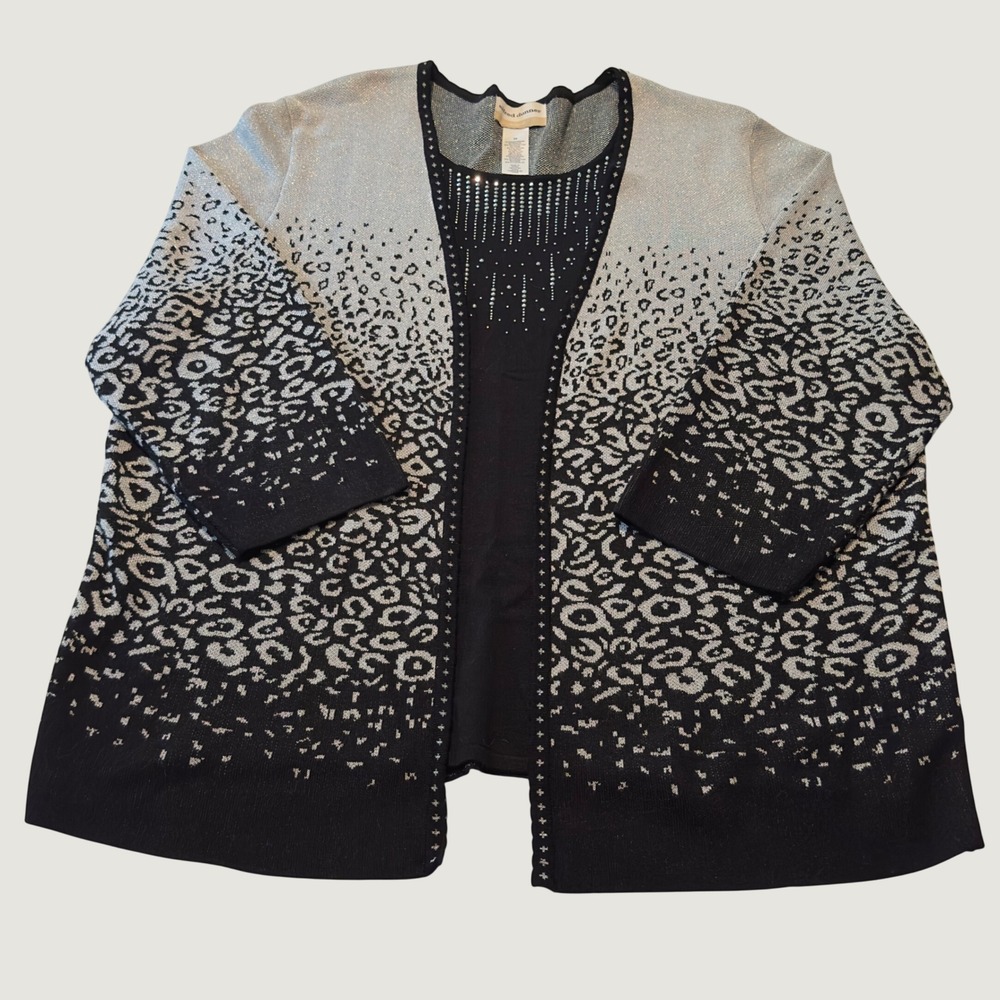 Alfred Dunner Twin Set Black Silver Leopard Metallic Rhinestone 3X Plus